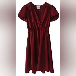 Vintage Wine Colored Dress with Elastic Waist and Petal Sleeves Size M